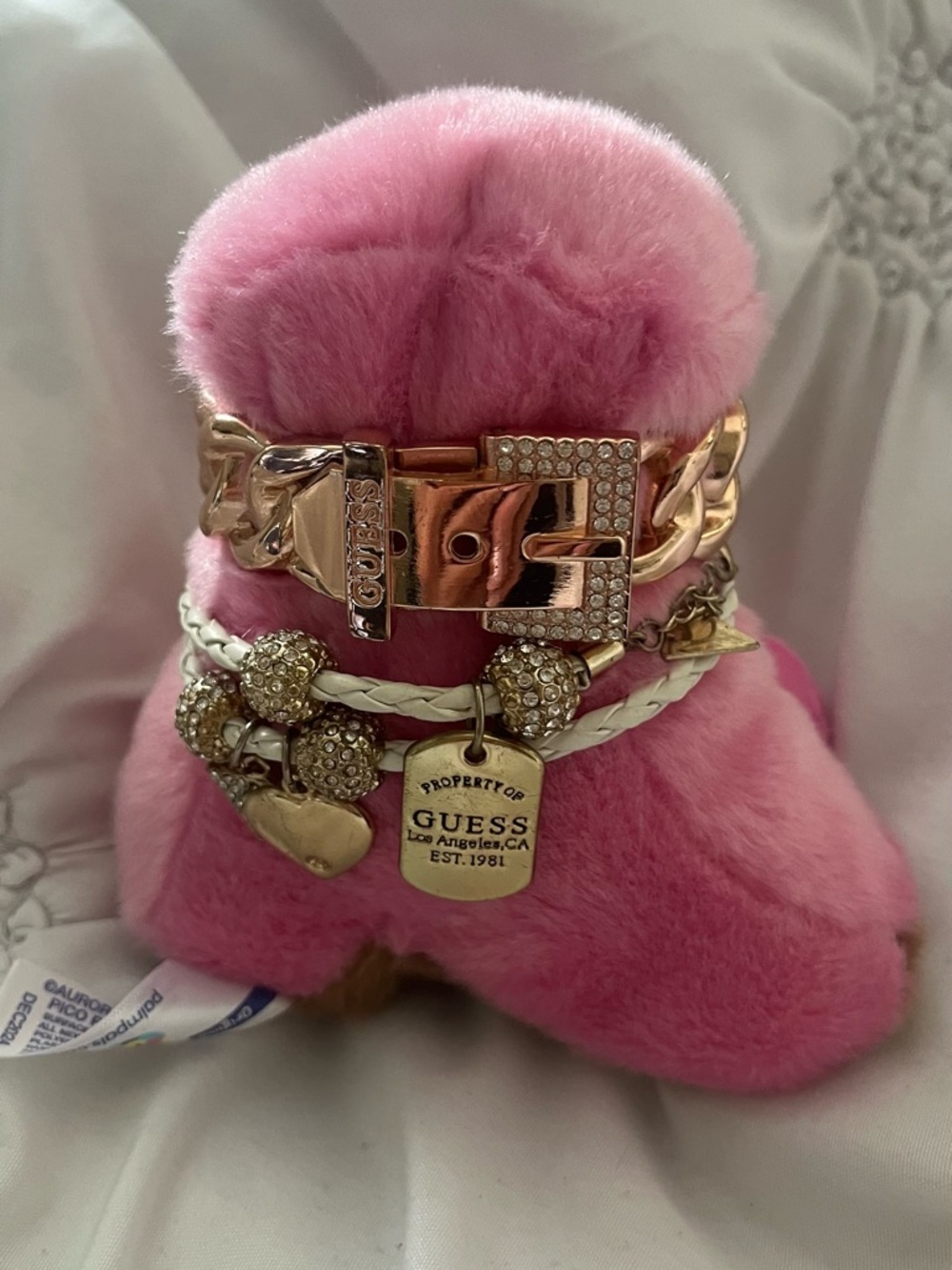 GUESS Gold-Tone Logo Charm Bracelet Set with White Braided and Pink Accents
